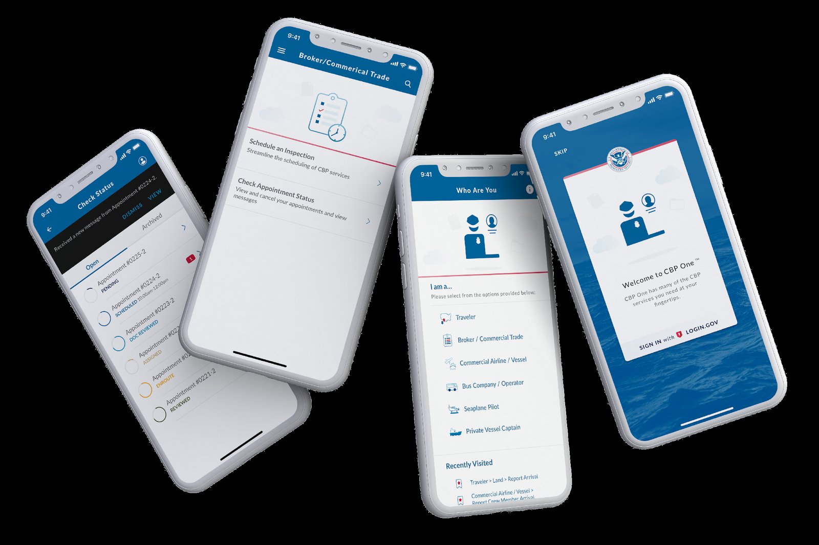 Four fanned CBP One app screens: welcome, traveler role selection, inspection scheduling, and appointment status