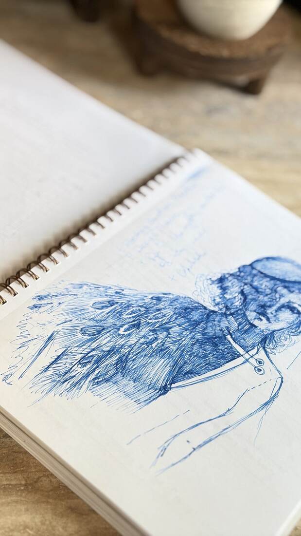 Peacock in blue ballpoint, feathers dissolving into notes