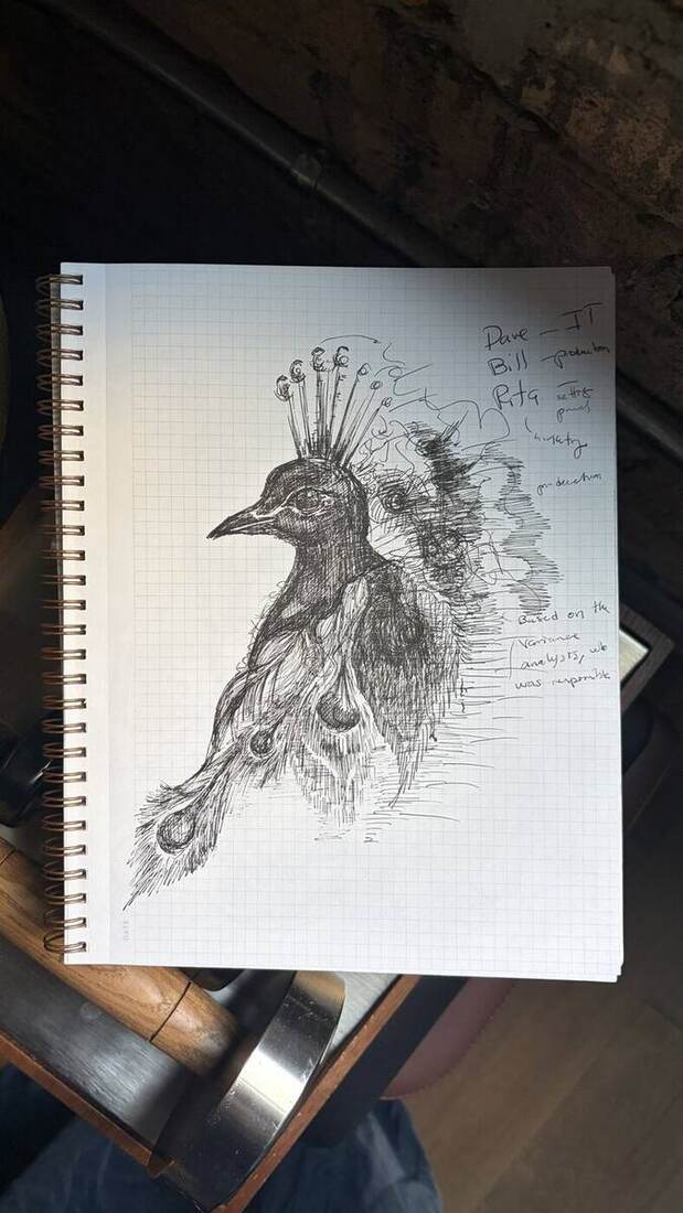 The peacock, sketched in the notebook